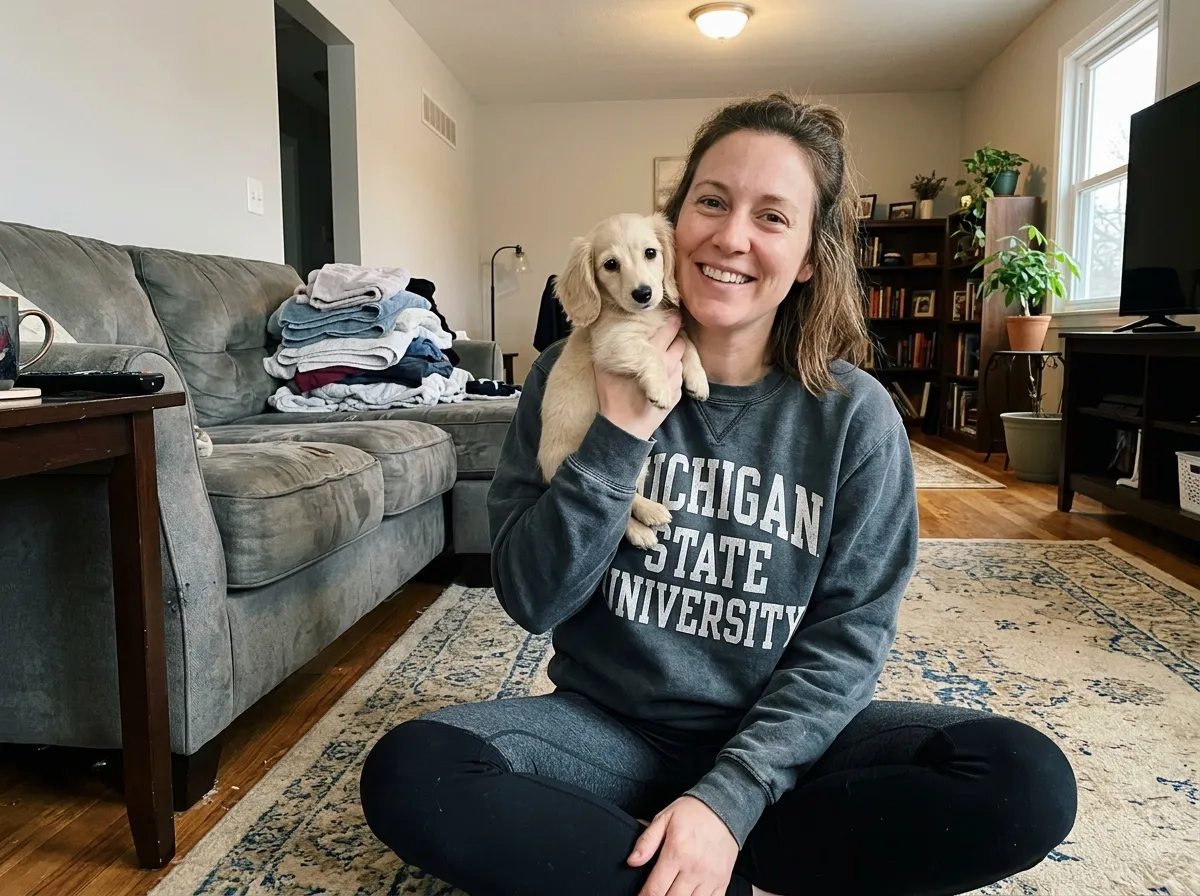 Alyssa Reinhardt at home with their miniature long-haired Dachshund