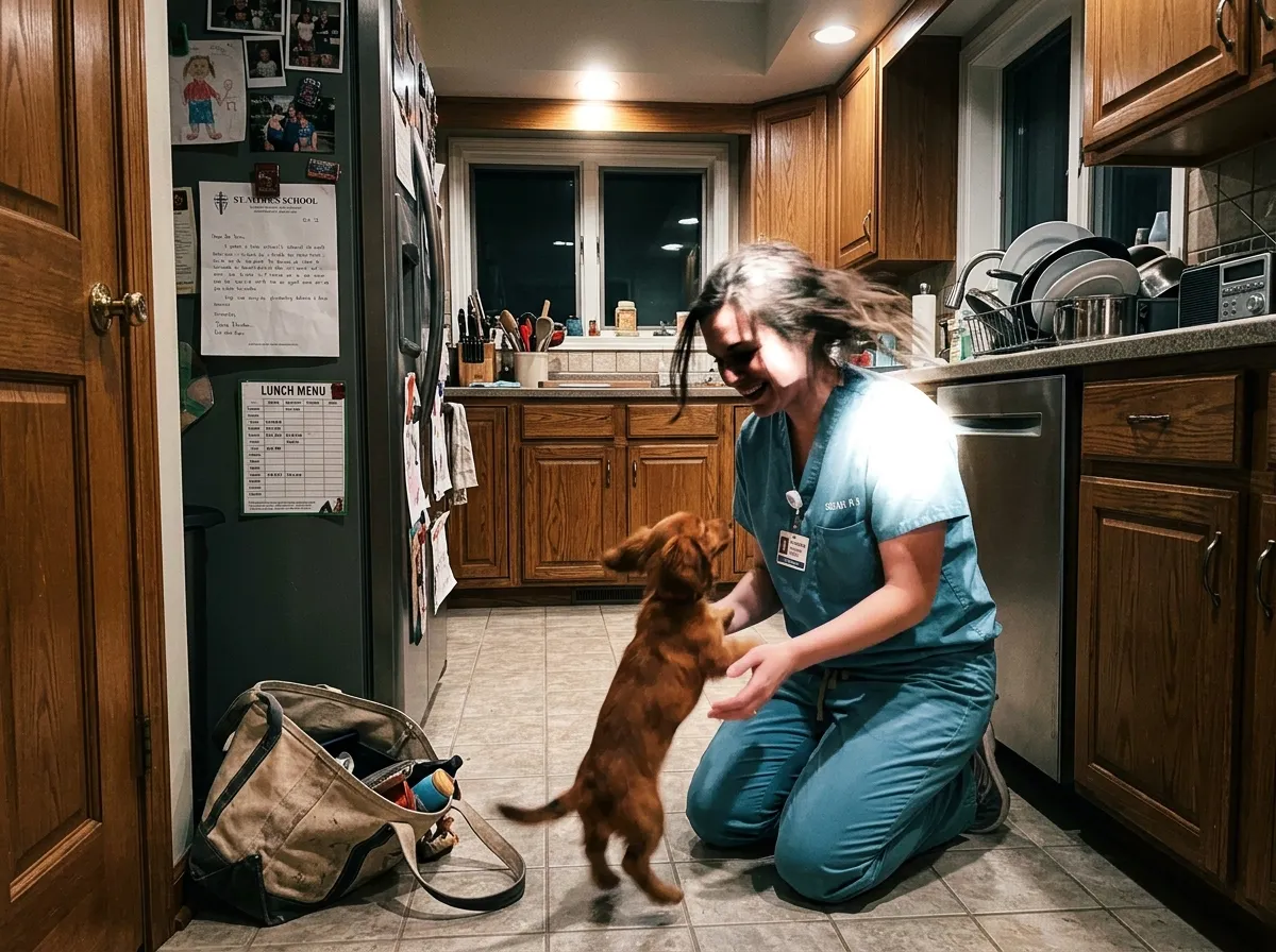 Camille Duprée at home with their miniature long-haired Dachshund