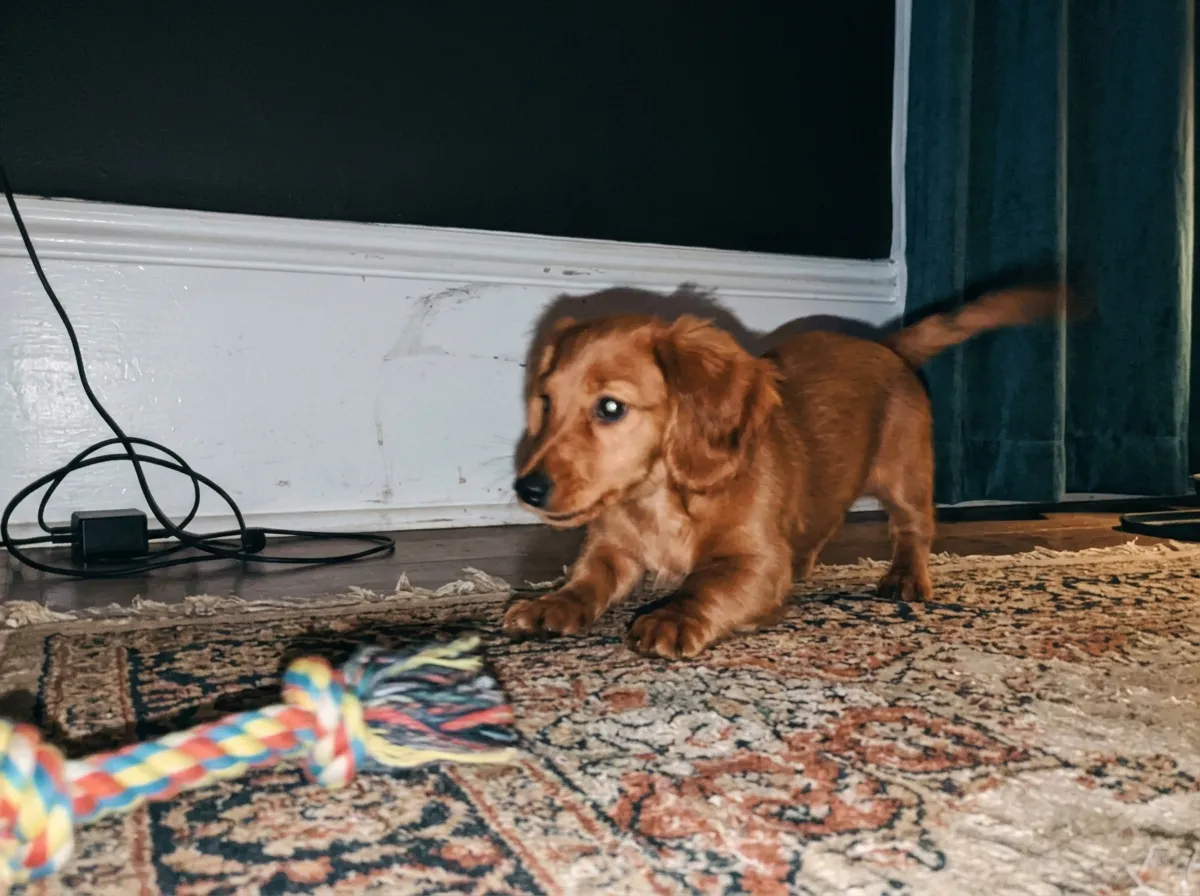 Dennis Okonkwo at home with their miniature long-haired Dachshund