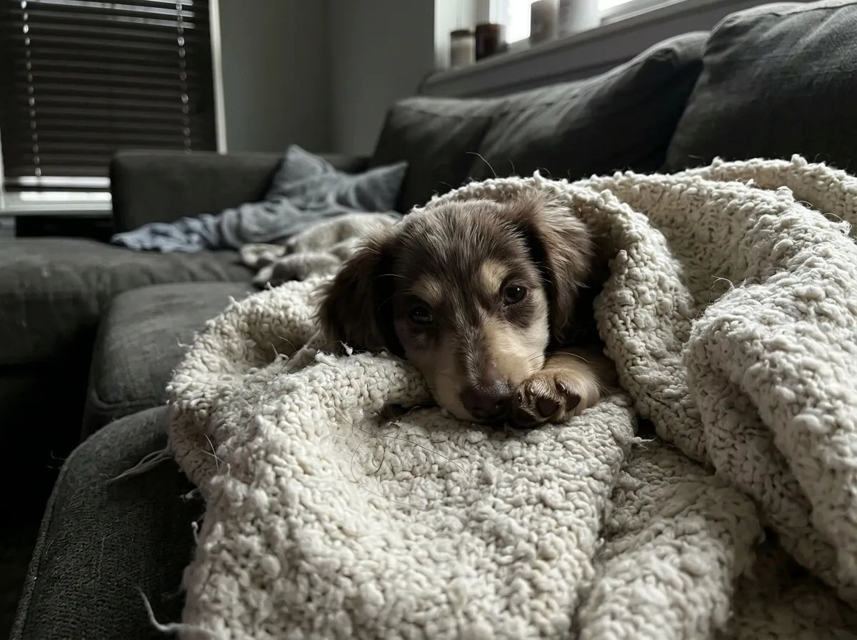 Hannah Whitfield at home with their miniature long-haired Dachshund