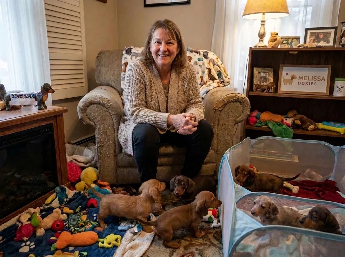 Melissa Evans sitting in her living room with her miniature long-haired Dachshund puppies playing around her