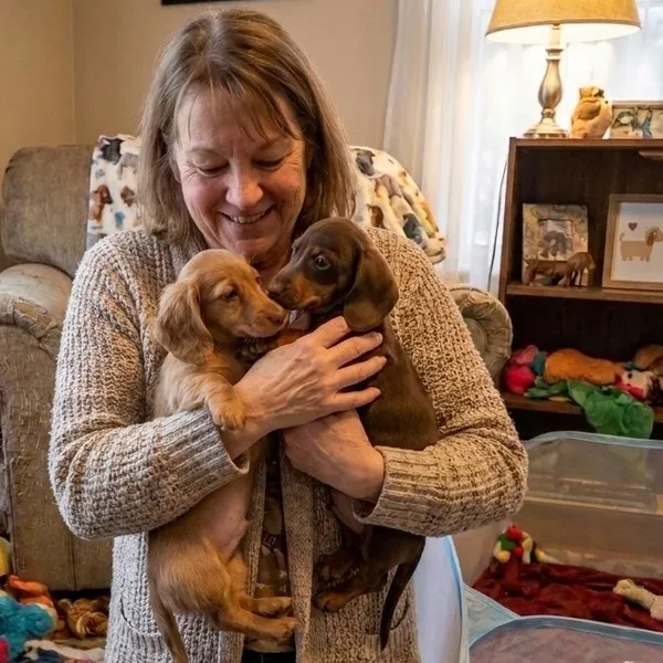 Melissa Evans holding two of her miniature long-haired Dachshund puppies