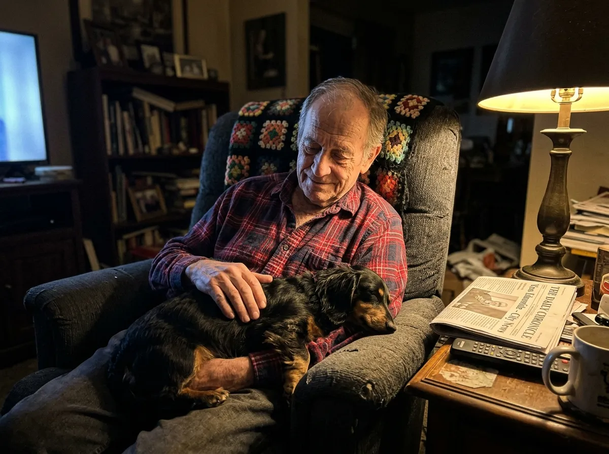 Raymond Kessler at home with their miniature long-haired Dachshund