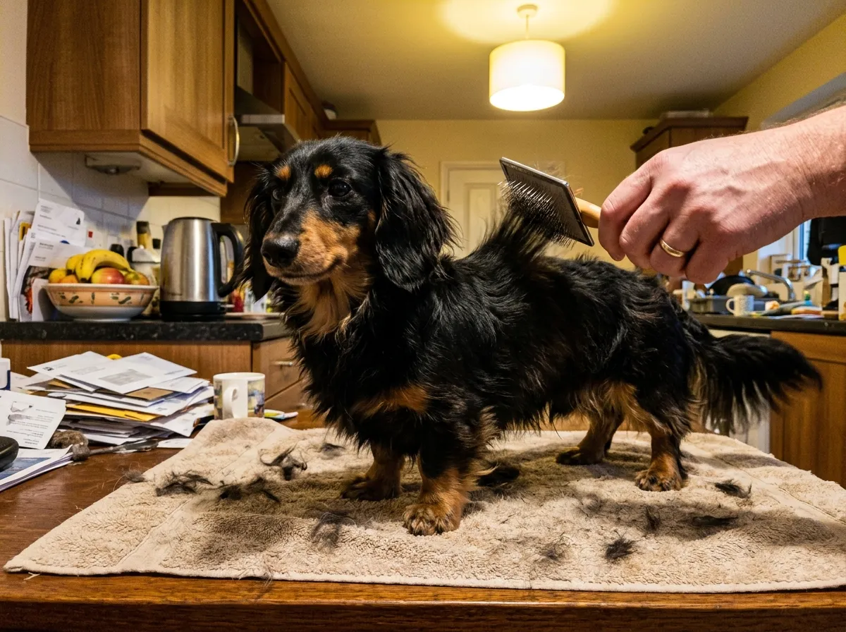 Trevor Nakamura at home with their miniature long-haired Dachshund